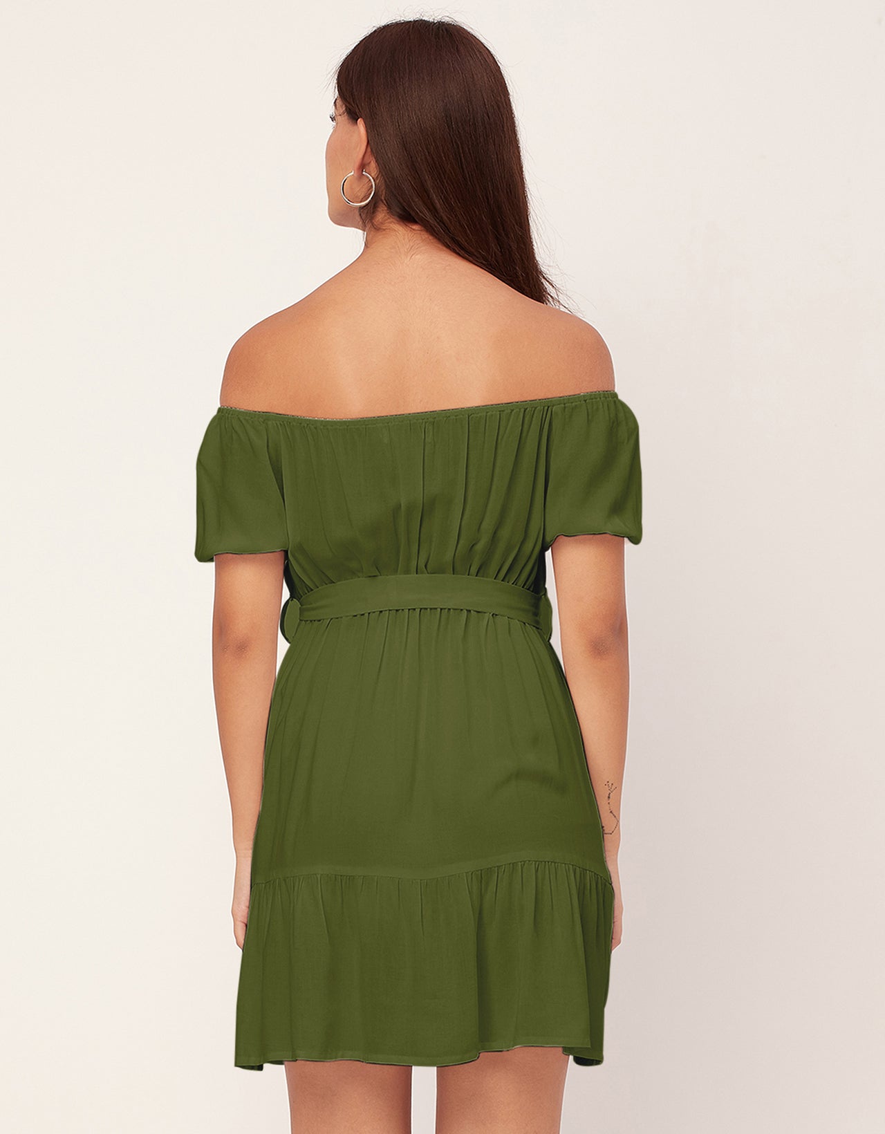 Off Shoulder Solid Rayon Gathered Dress