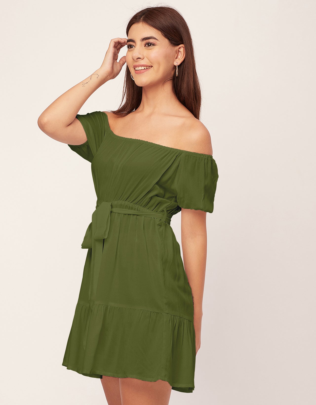 Off Shoulder Solid Rayon Gathered Dress