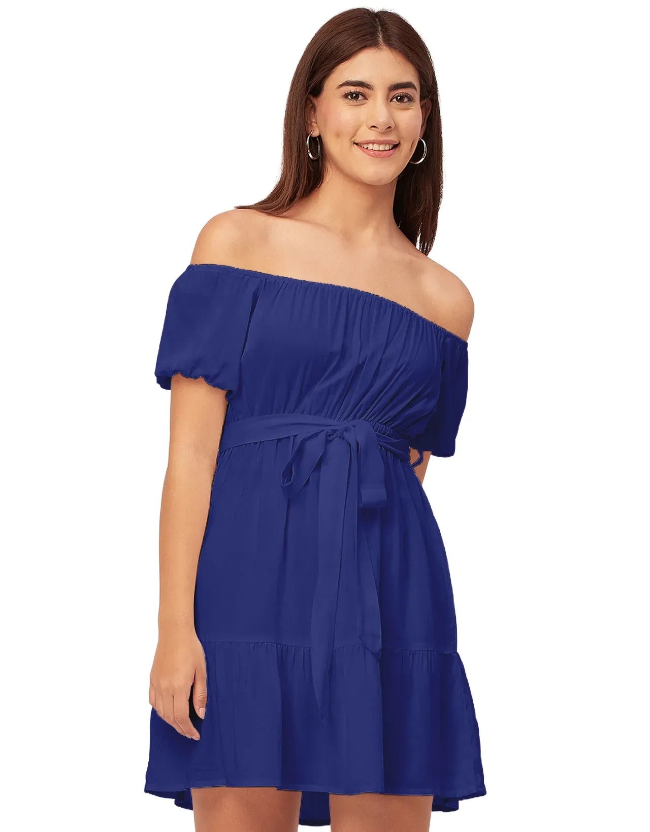 Off Shoulder Solid Rayon Gathered Dress