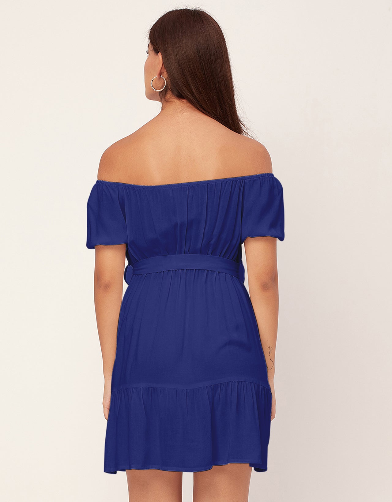 Off Shoulder Solid Rayon Gathered Dress