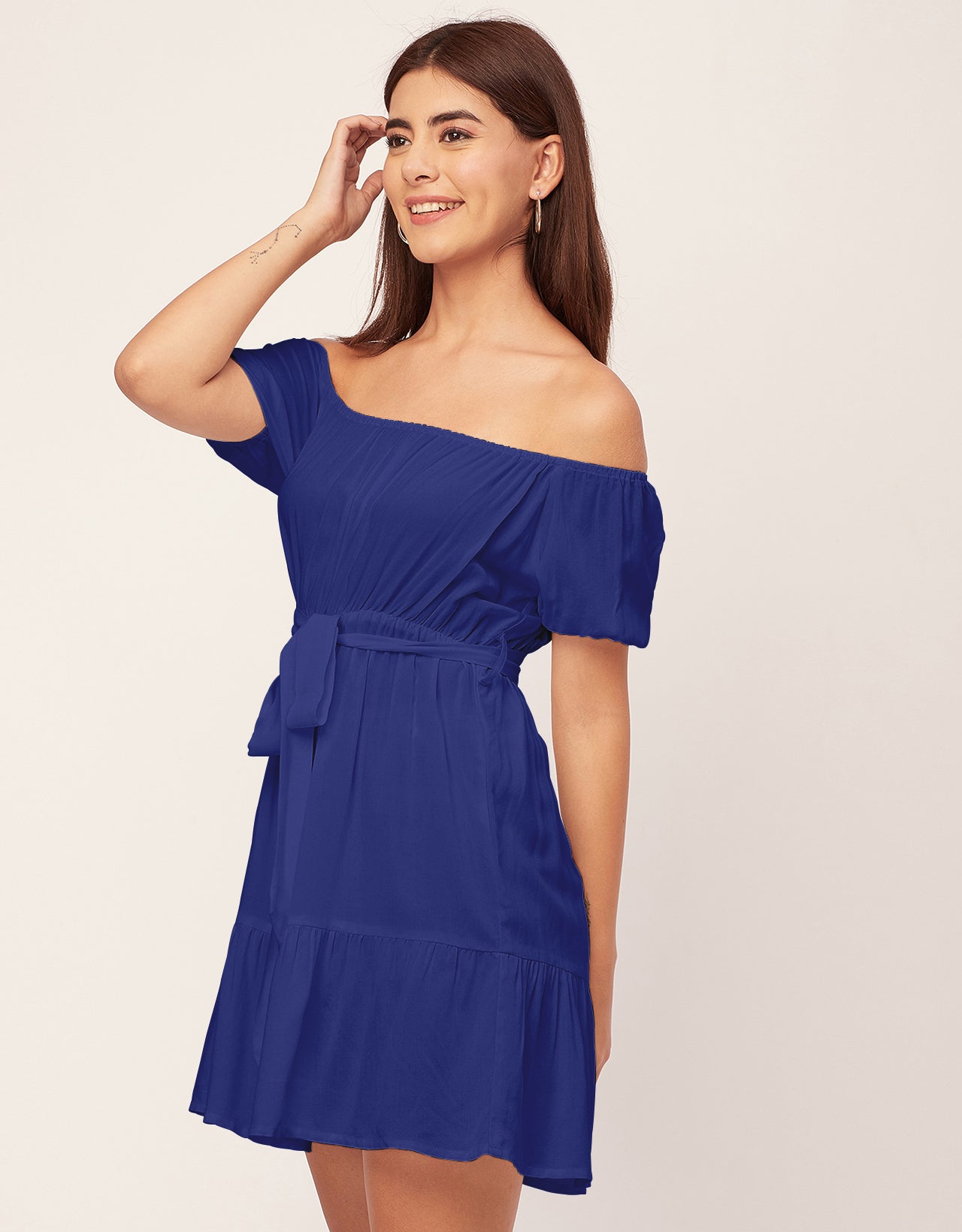 Off Shoulder Solid Rayon Gathered Dress