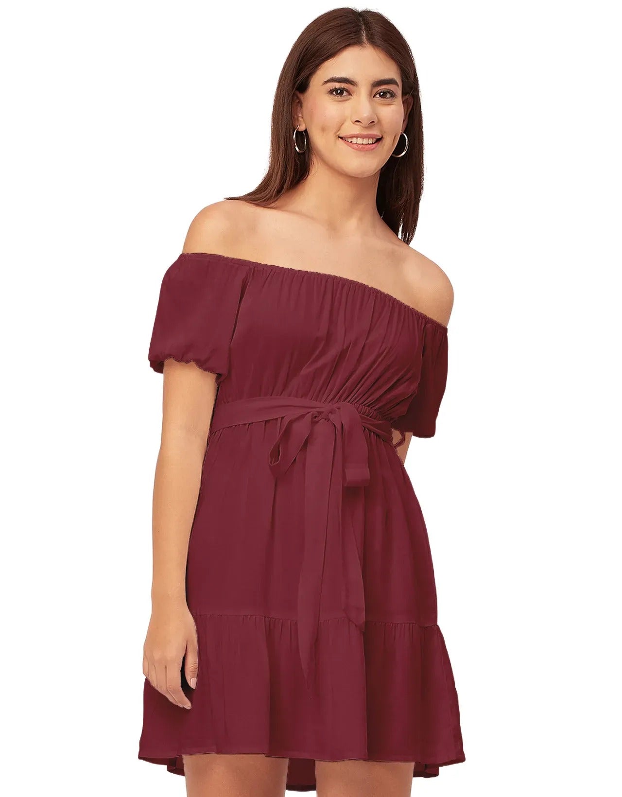 Off Shoulder Solid Rayon Gathered Dress