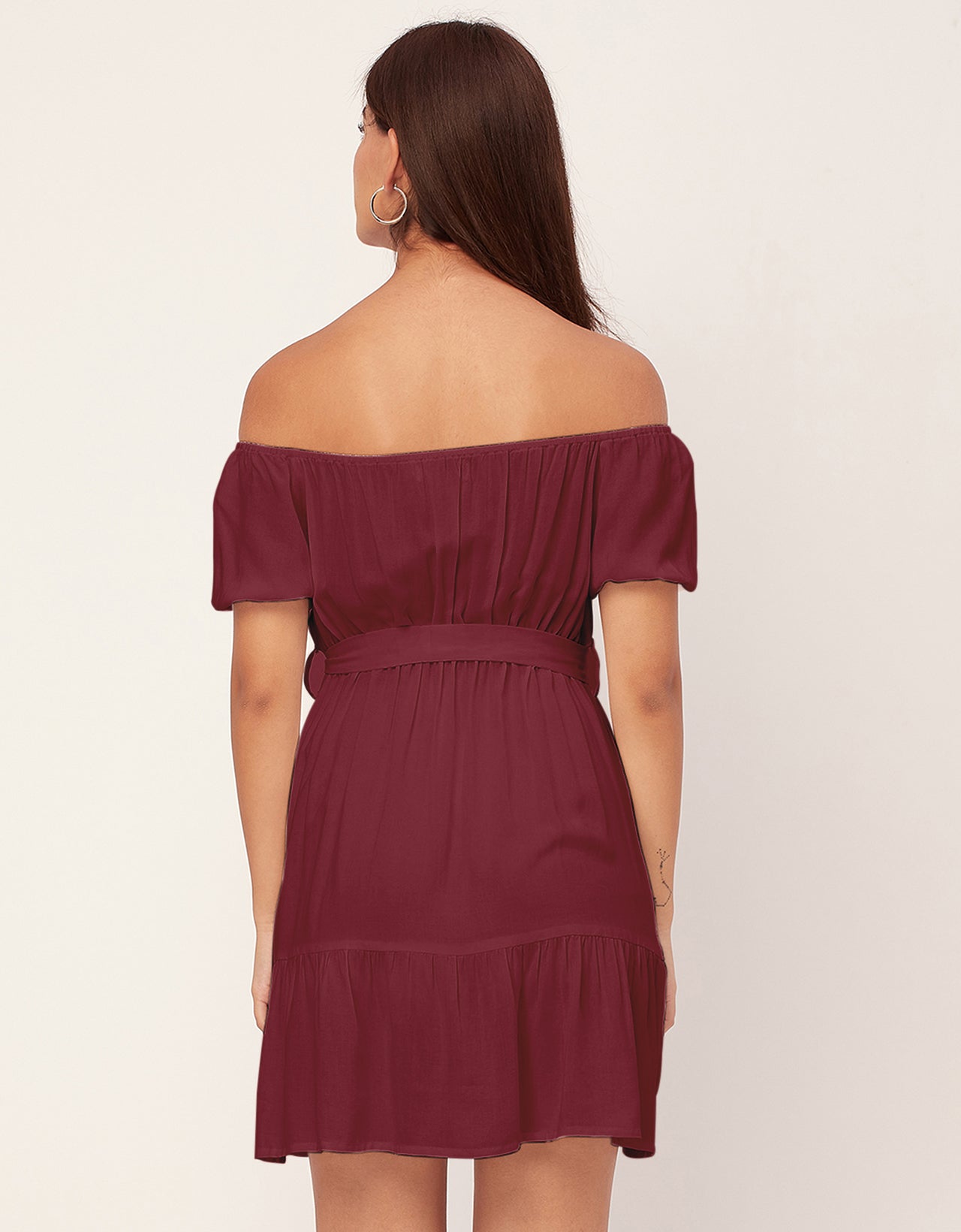Off Shoulder Solid Rayon Gathered Dress