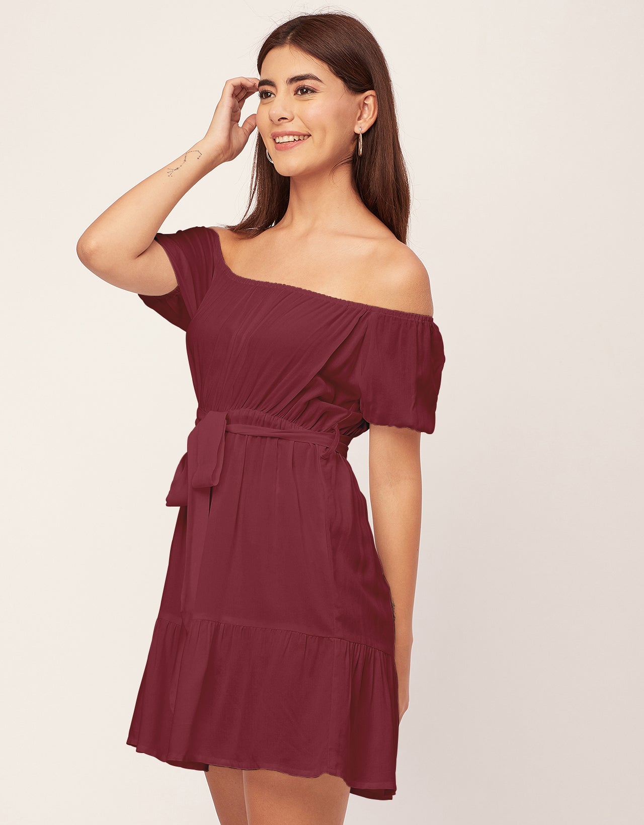 Off Shoulder Solid Rayon Gathered Dress