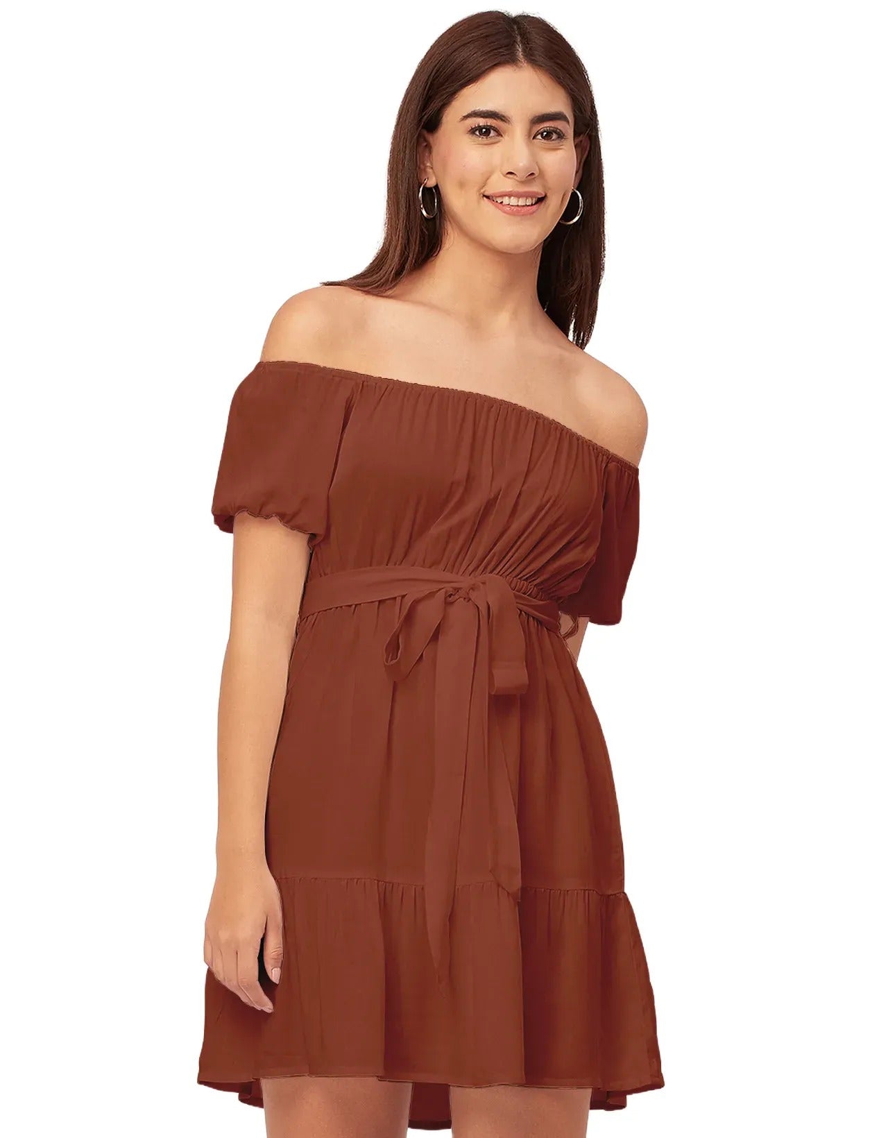 Off Shoulder Solid Rayon Gathered Dress