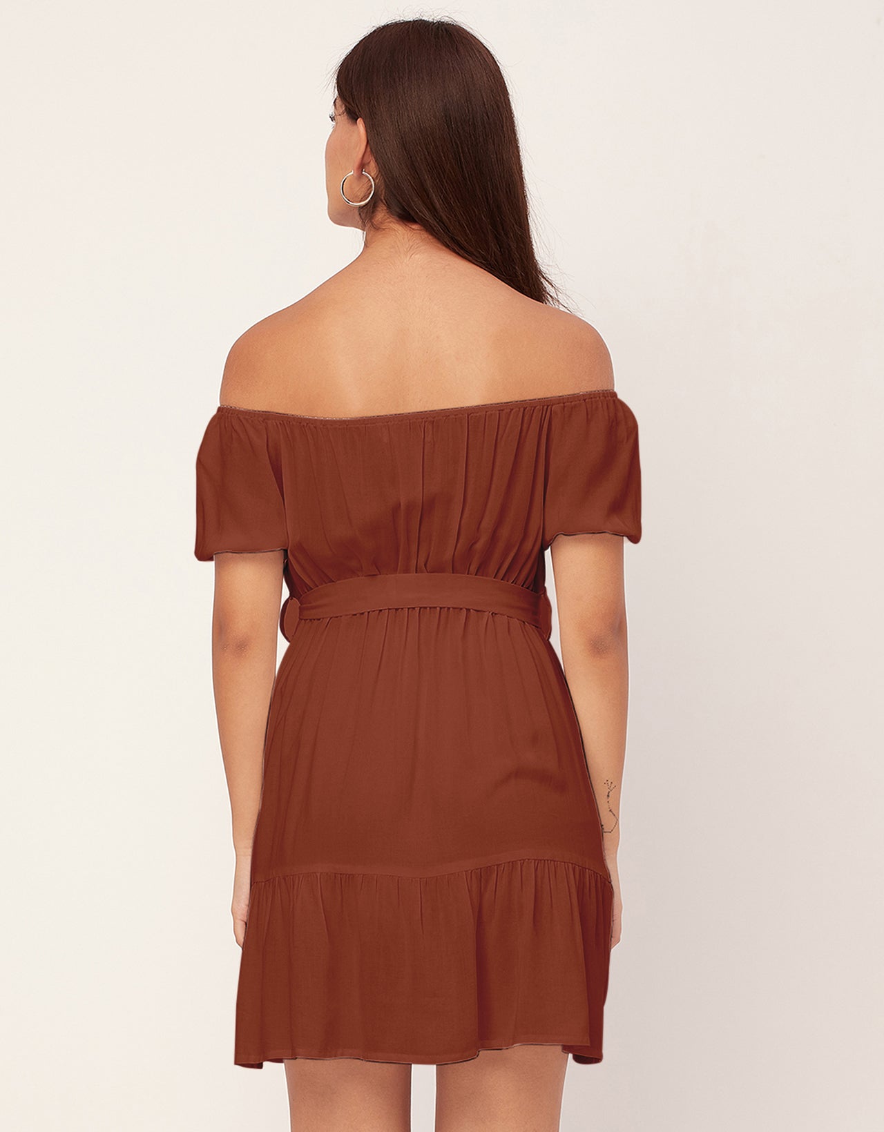 Off Shoulder Solid Rayon Gathered Dress
