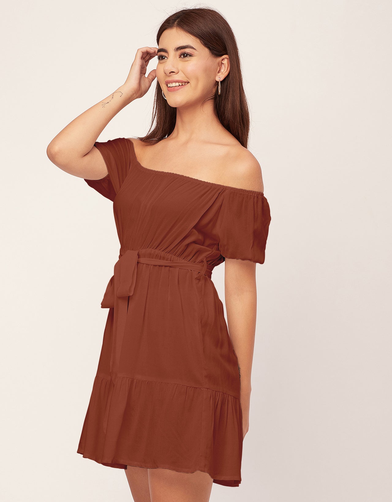 Off Shoulder Solid Rayon Gathered Dress