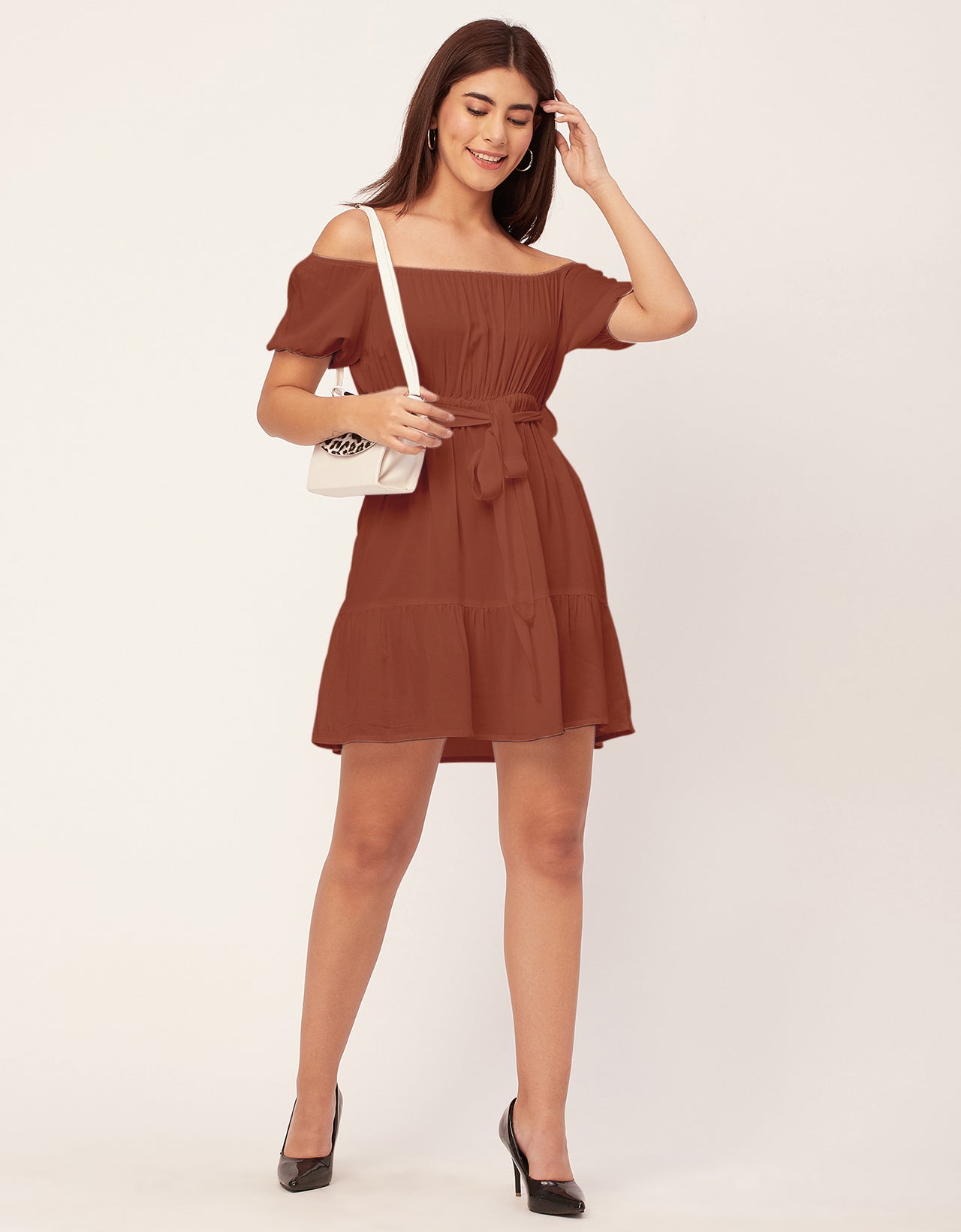 Off Shoulder Solid Rayon Gathered Dress