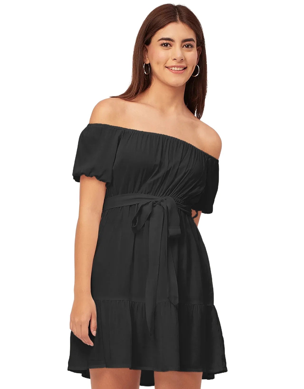 Off Shoulder Solid Rayon Gathered Dress