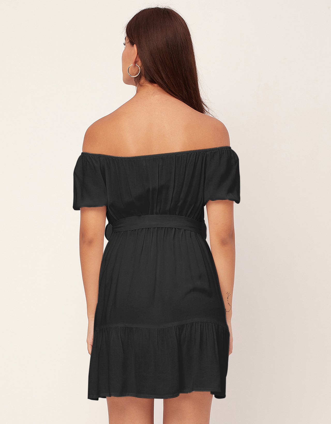 Off Shoulder Solid Rayon Gathered Dress