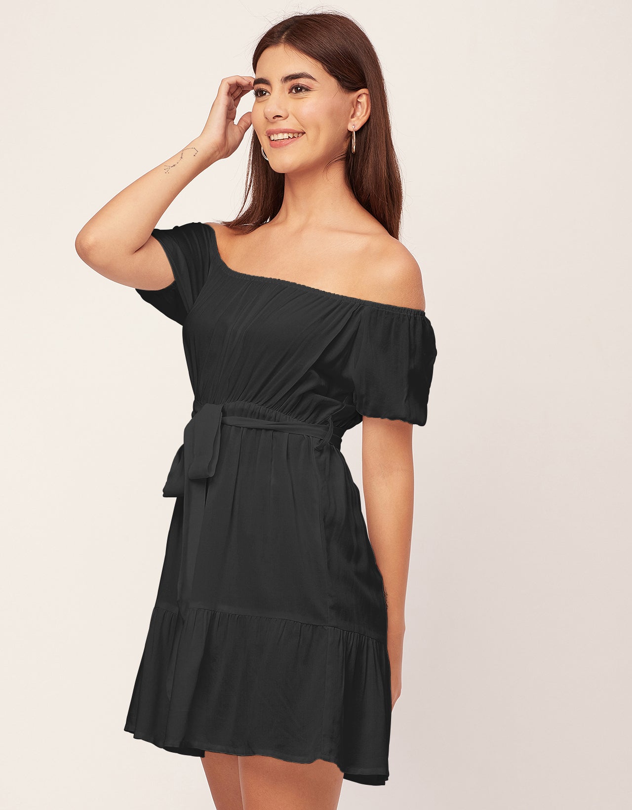 Off Shoulder Solid Rayon Gathered Dress