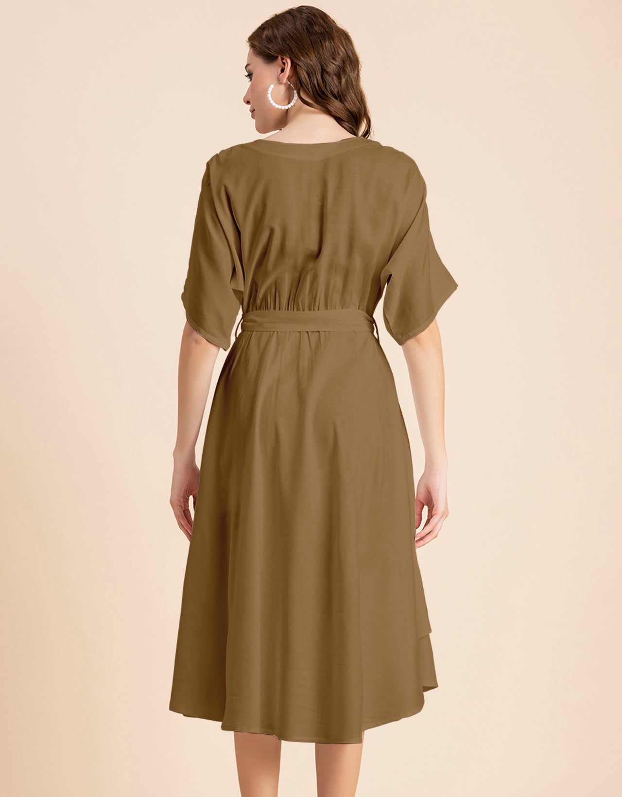 V Neck Solid Rayon Short Sleeve Maxi Dress