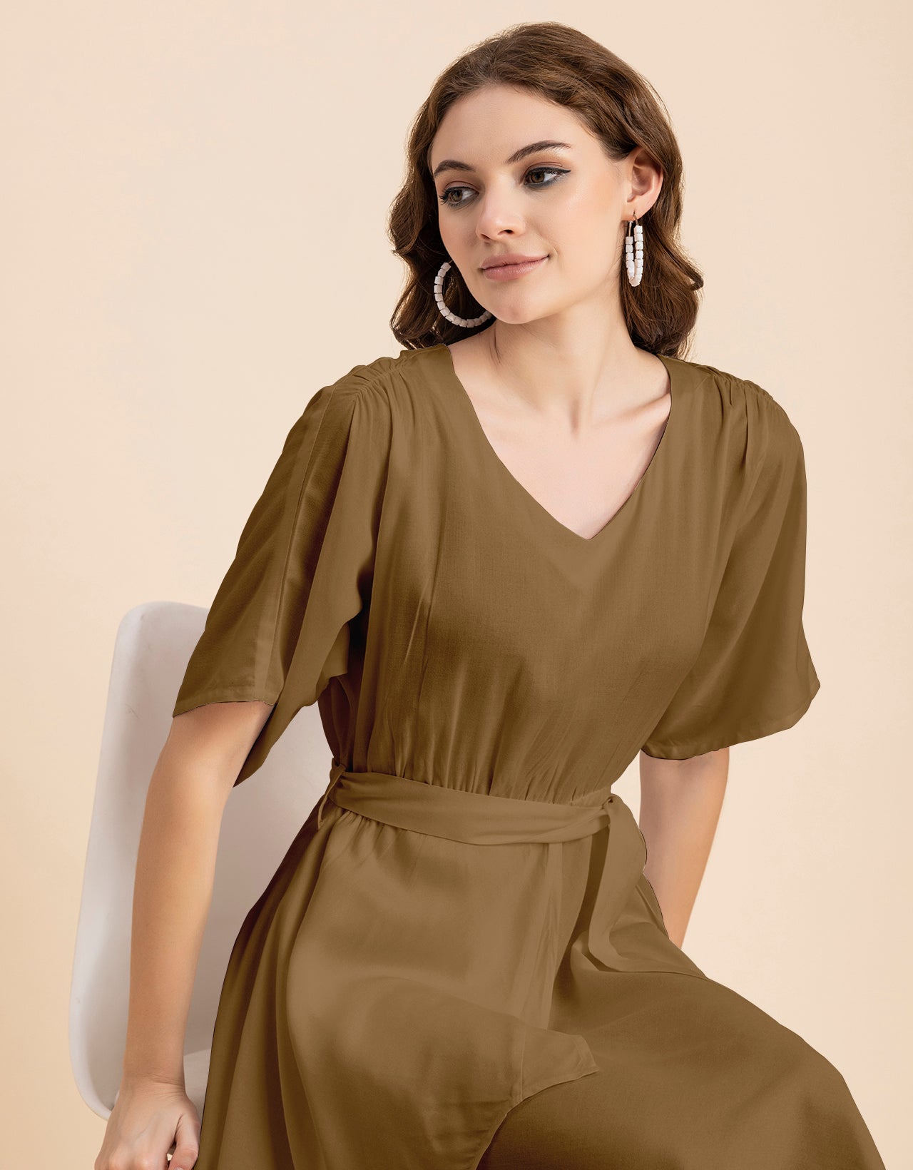 V Neck Solid Rayon Short Sleeve Maxi Dress