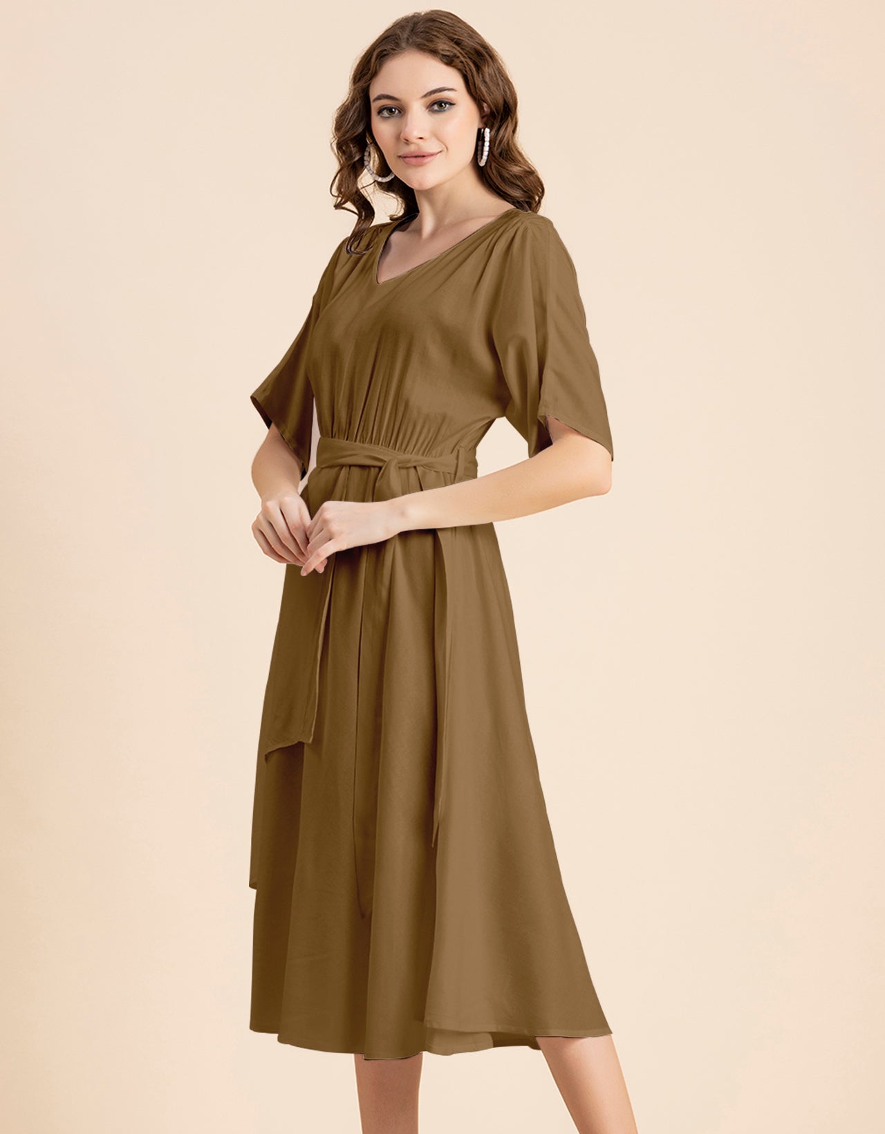 V Neck Solid Rayon Short Sleeve Maxi Dress