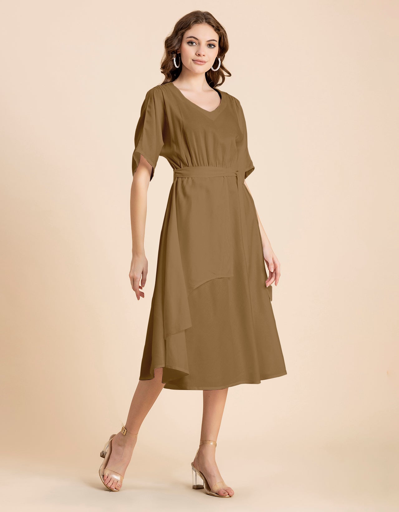 V Neck Solid Rayon Short Sleeve Maxi Dress