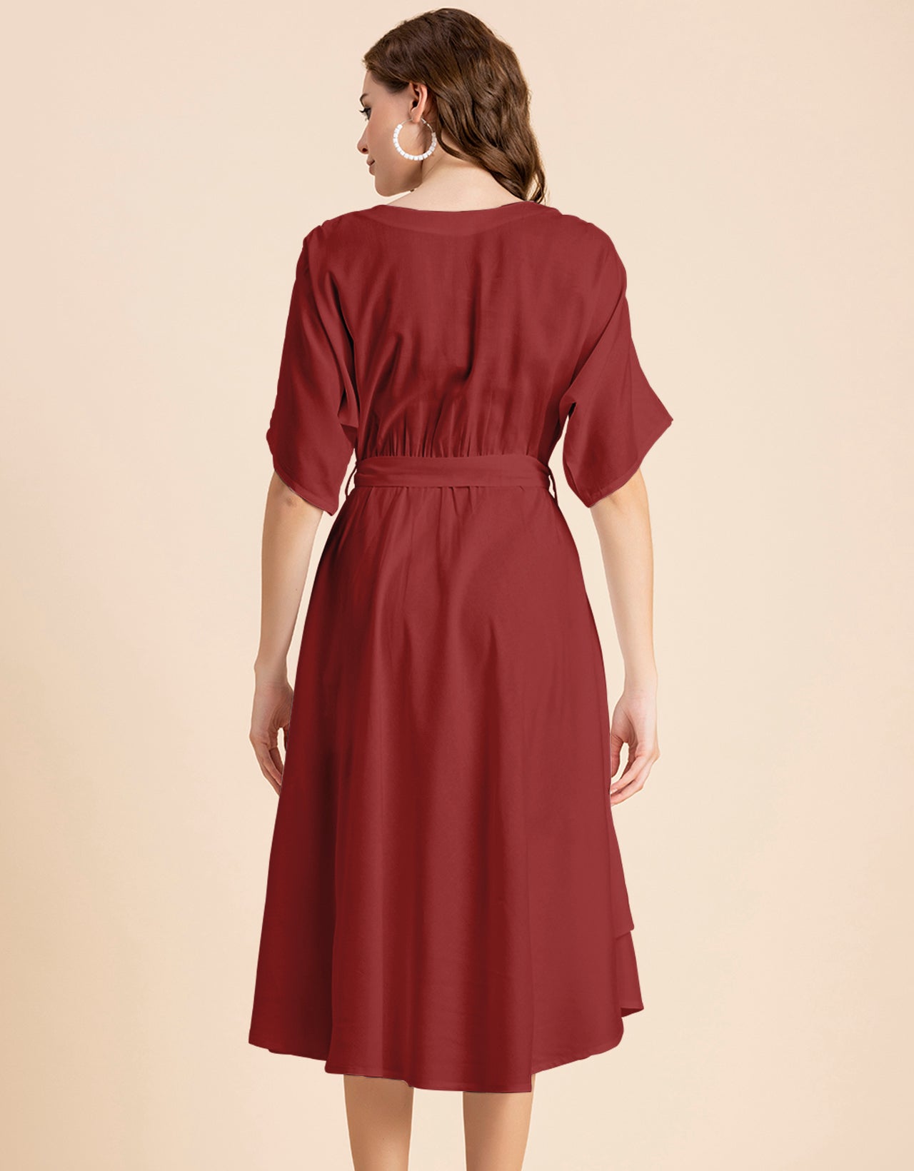 V Neck Solid Rayon Short Sleeve Maxi Dress