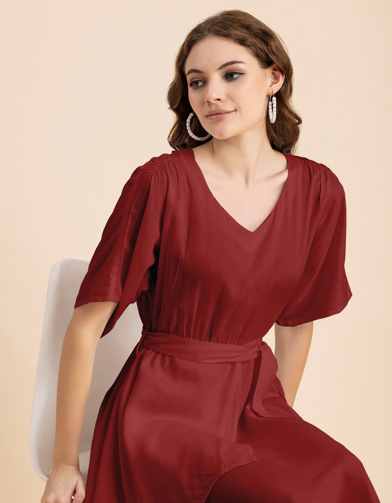 V Neck Solid Rayon Short Sleeve Maxi Dress
