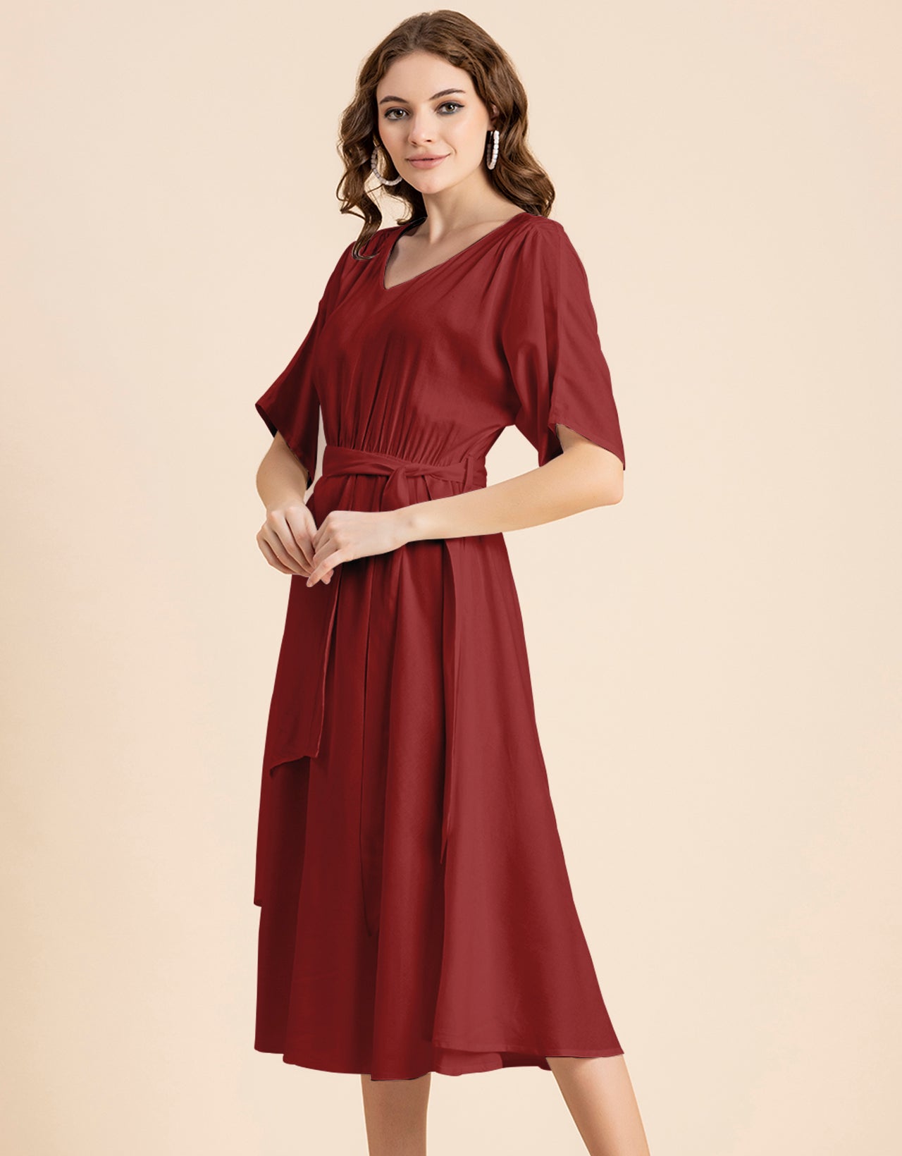 V Neck Solid Rayon Short Sleeve Maxi Dress