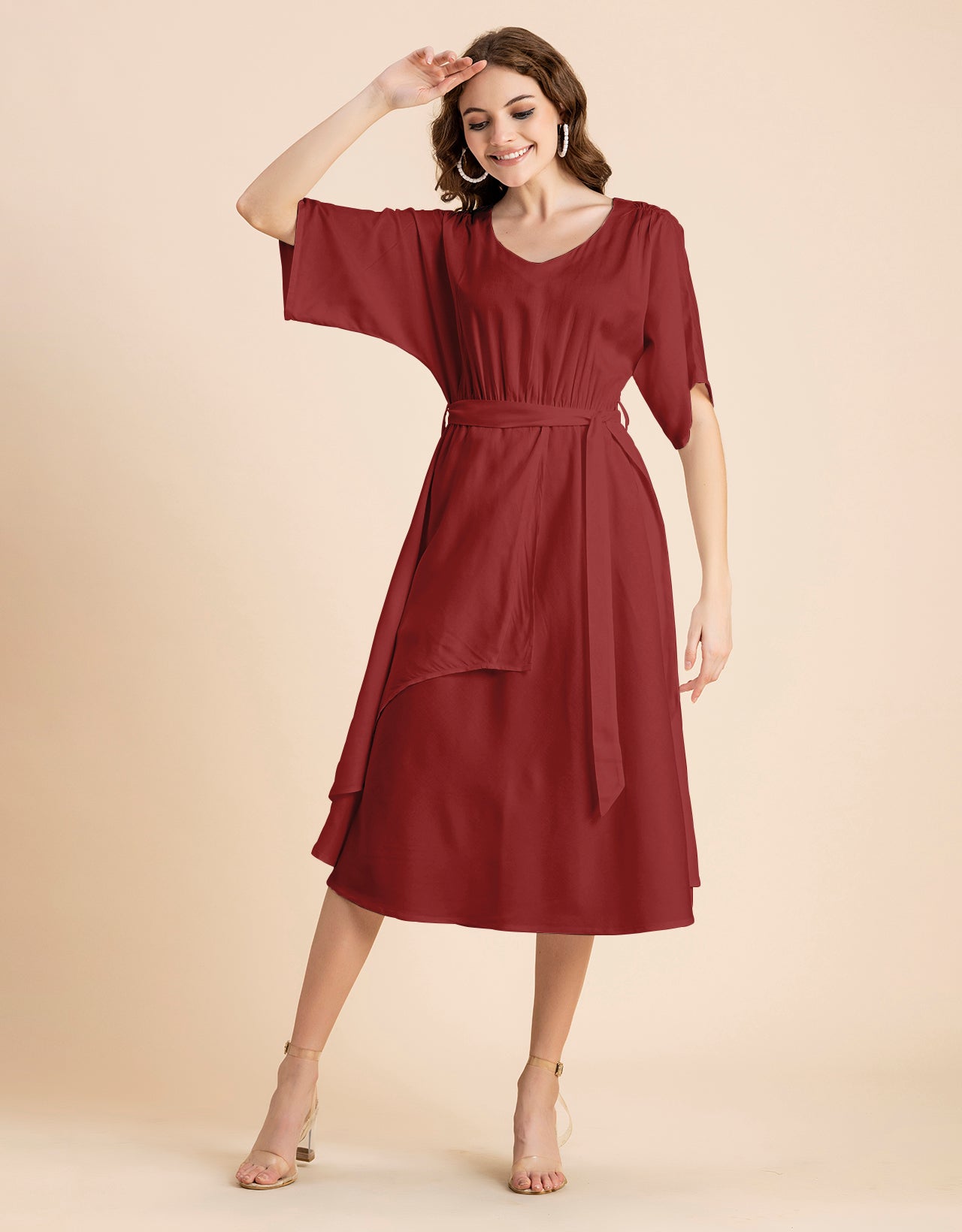 V Neck Solid Rayon Short Sleeve Maxi Dress