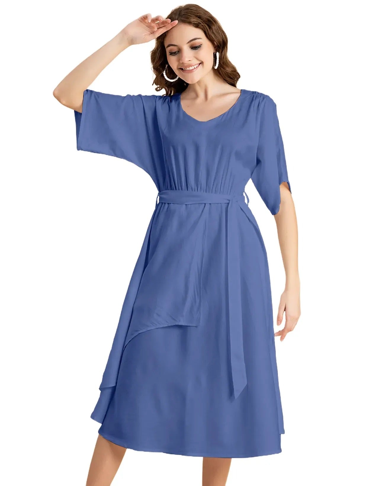 V Neck Solid Rayon Short Sleeve Maxi Dress