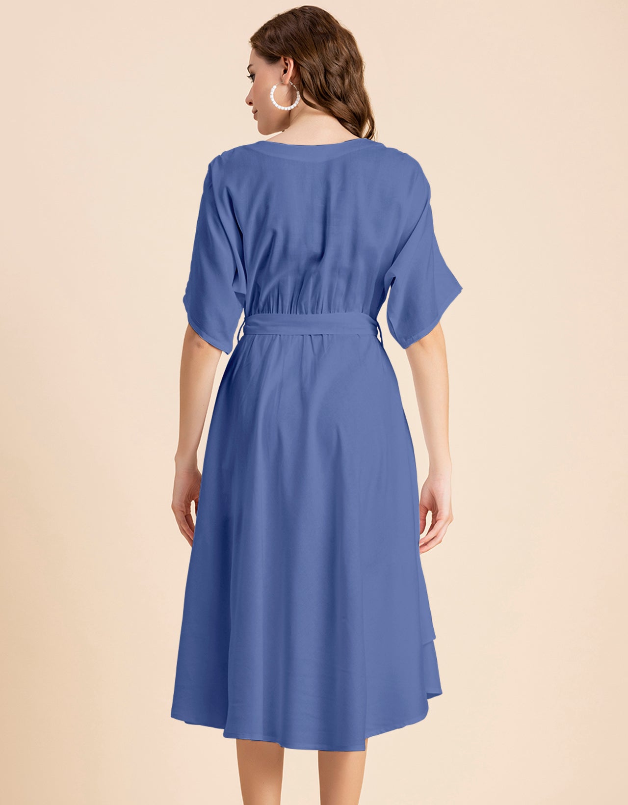 V Neck Solid Rayon Short Sleeve Maxi Dress