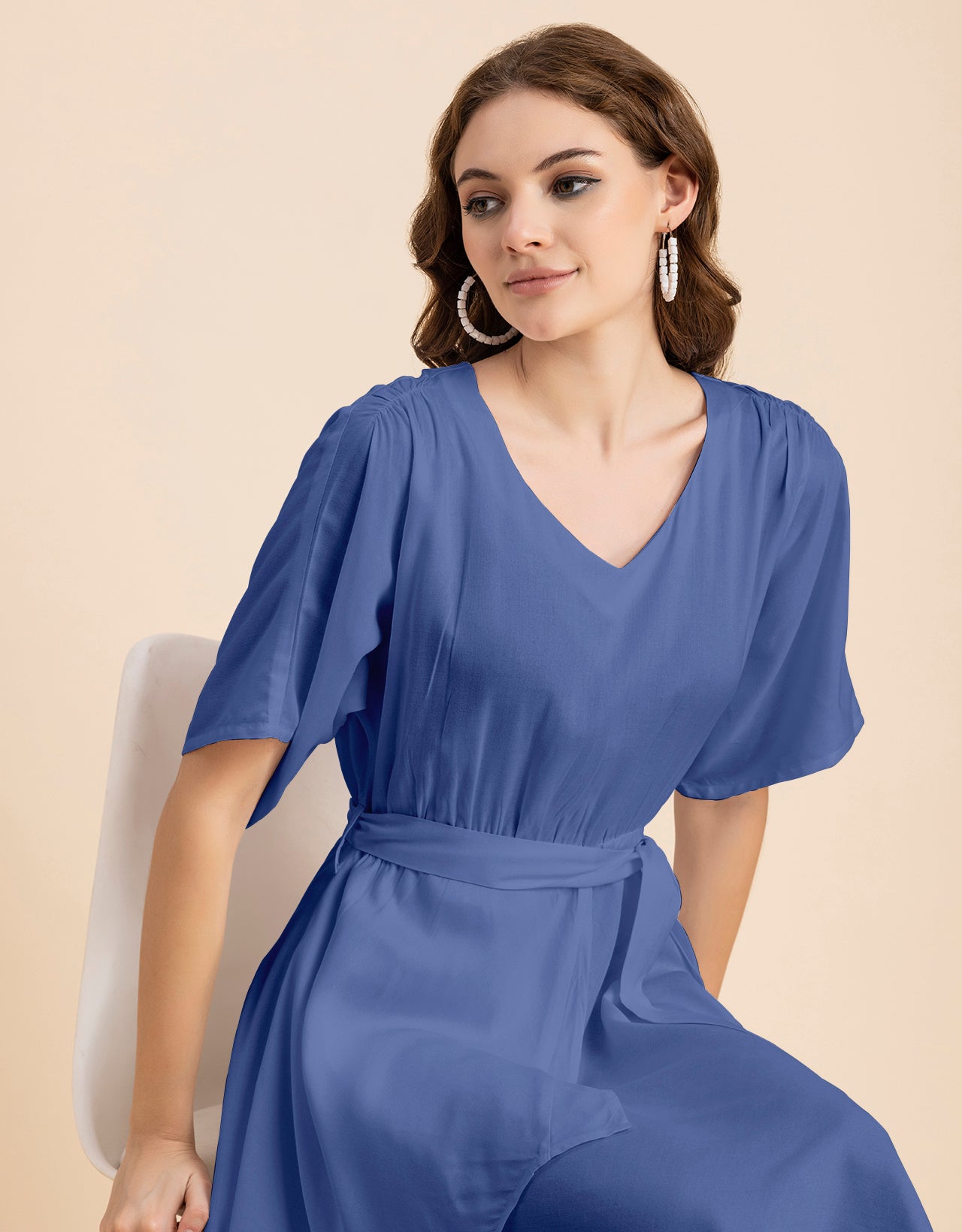 V Neck Solid Rayon Short Sleeve Maxi Dress