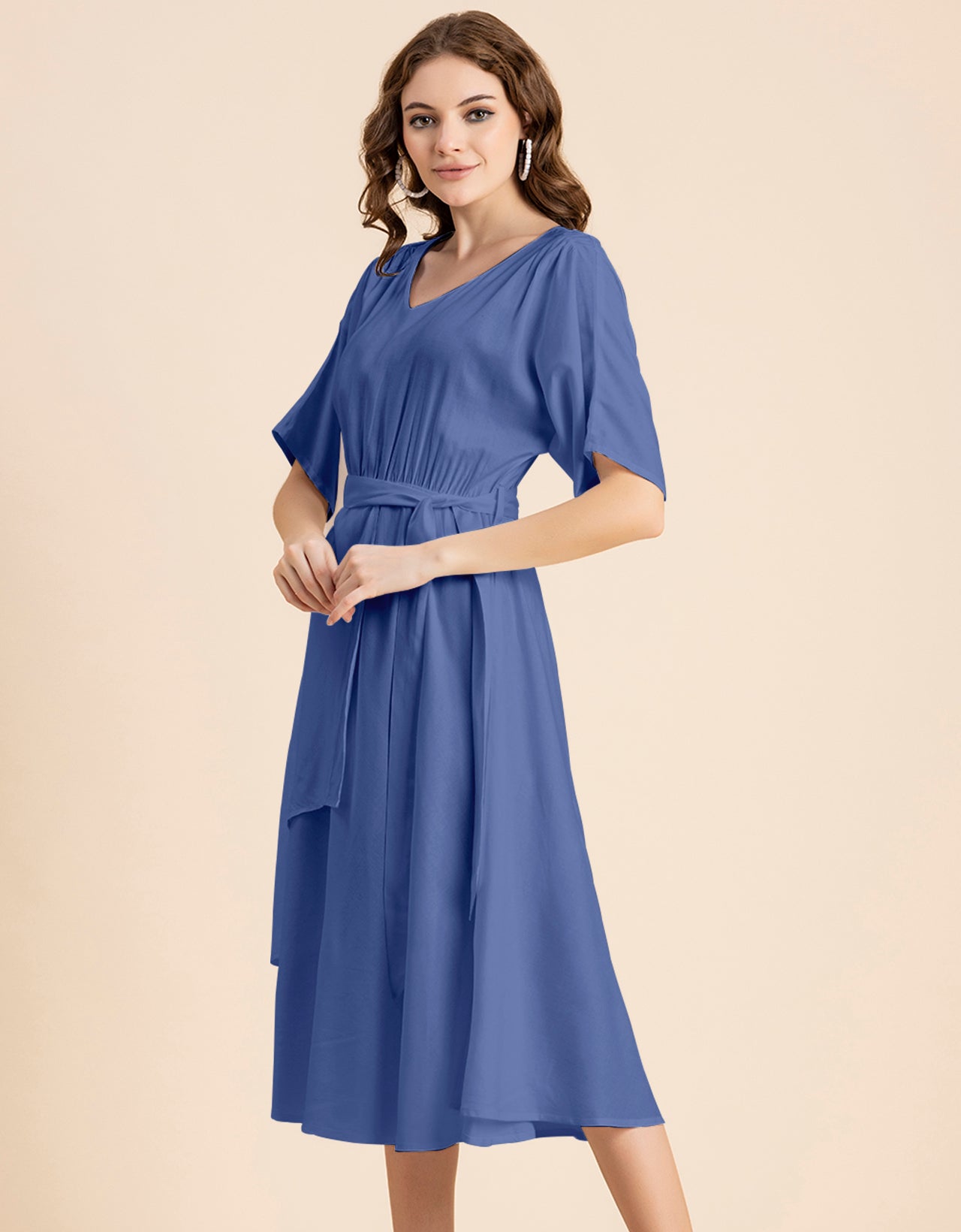 V Neck Solid Rayon Short Sleeve Maxi Dress