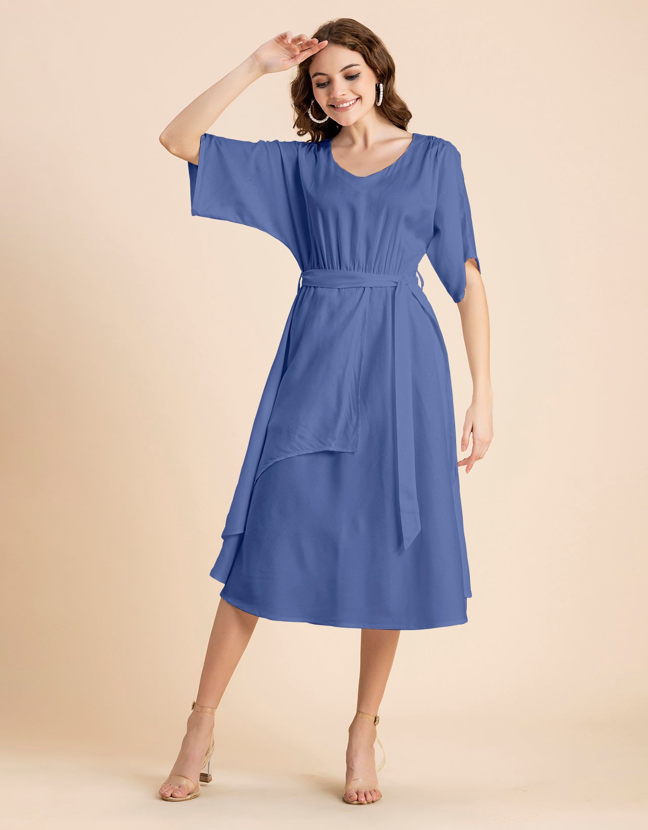 V Neck Solid Rayon Short Sleeve Maxi Dress