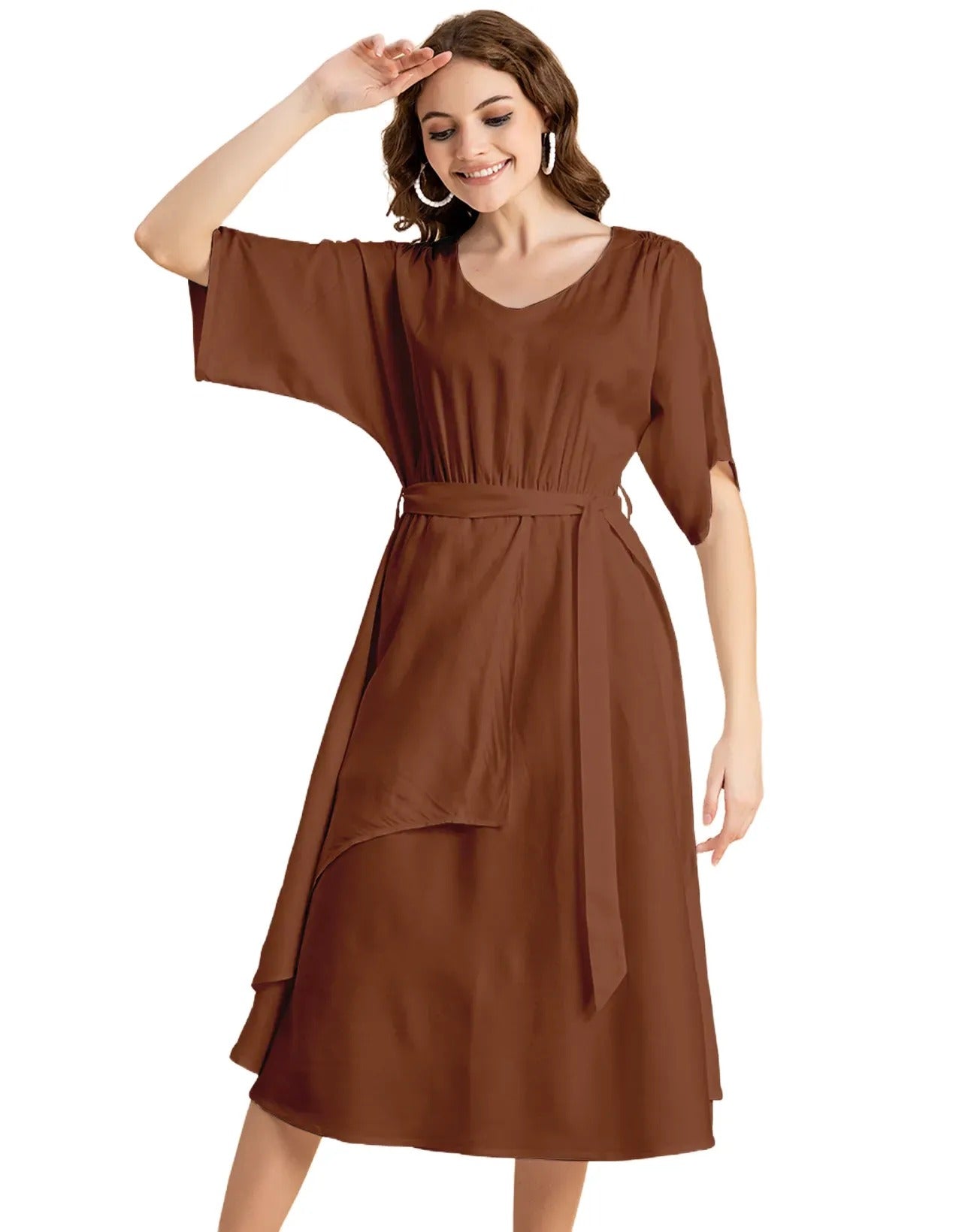 V Neck Solid Rayon Short Sleeve Maxi Dress