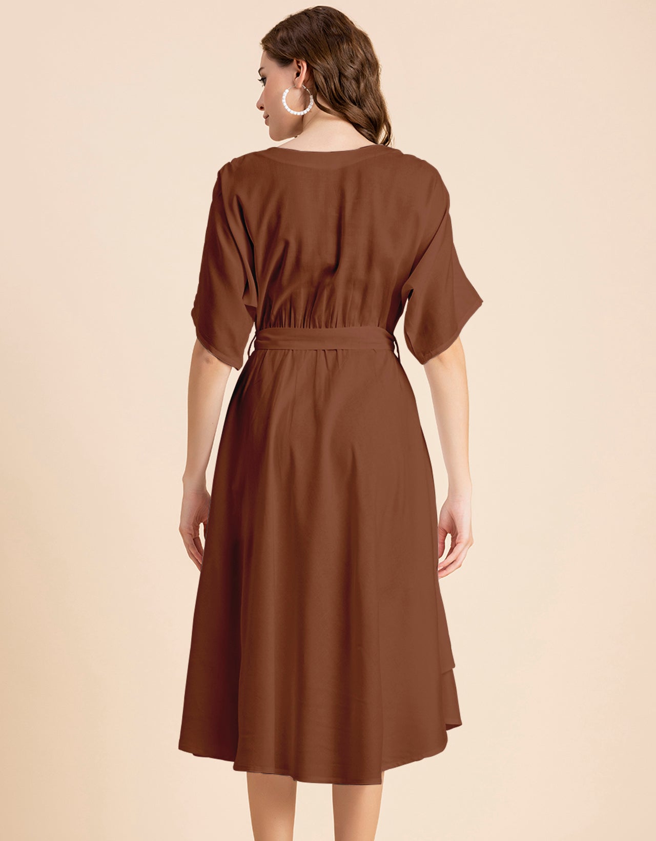 V Neck Solid Rayon Short Sleeve Maxi Dress