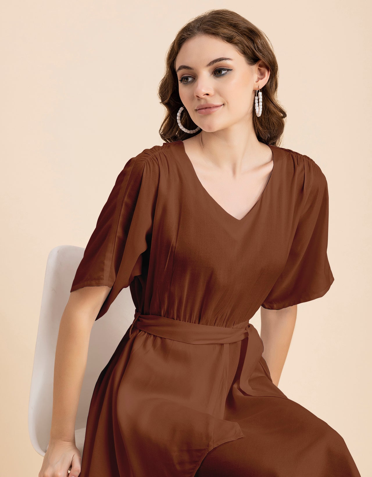 V Neck Solid Rayon Short Sleeve Maxi Dress