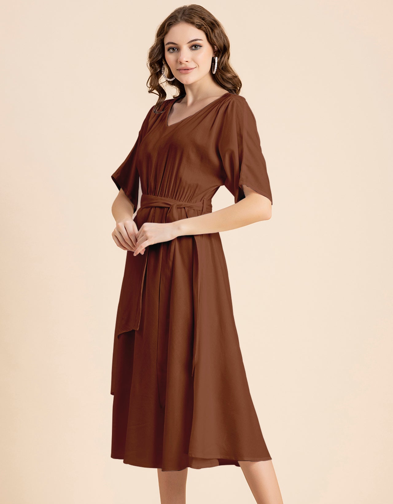 V Neck Solid Rayon Short Sleeve Maxi Dress