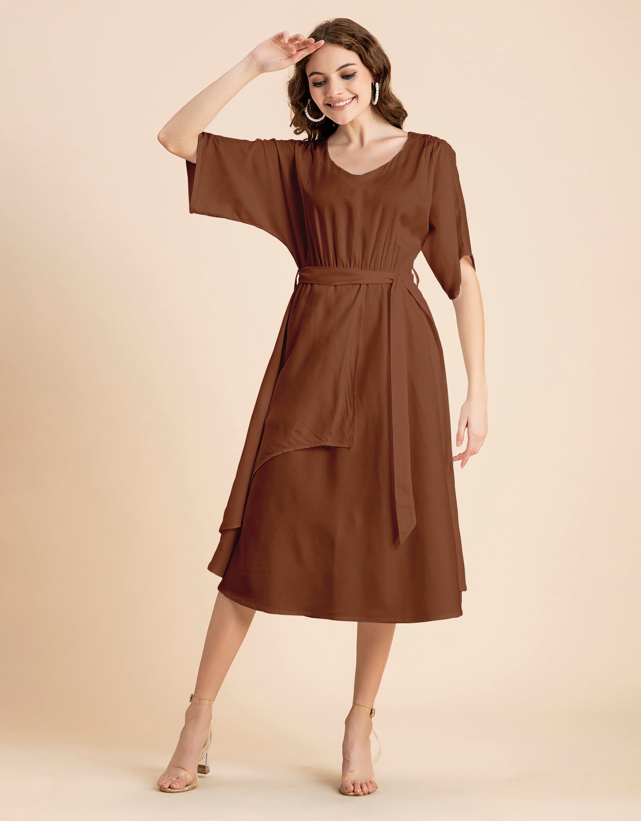 V Neck Solid Rayon Short Sleeve Maxi Dress
