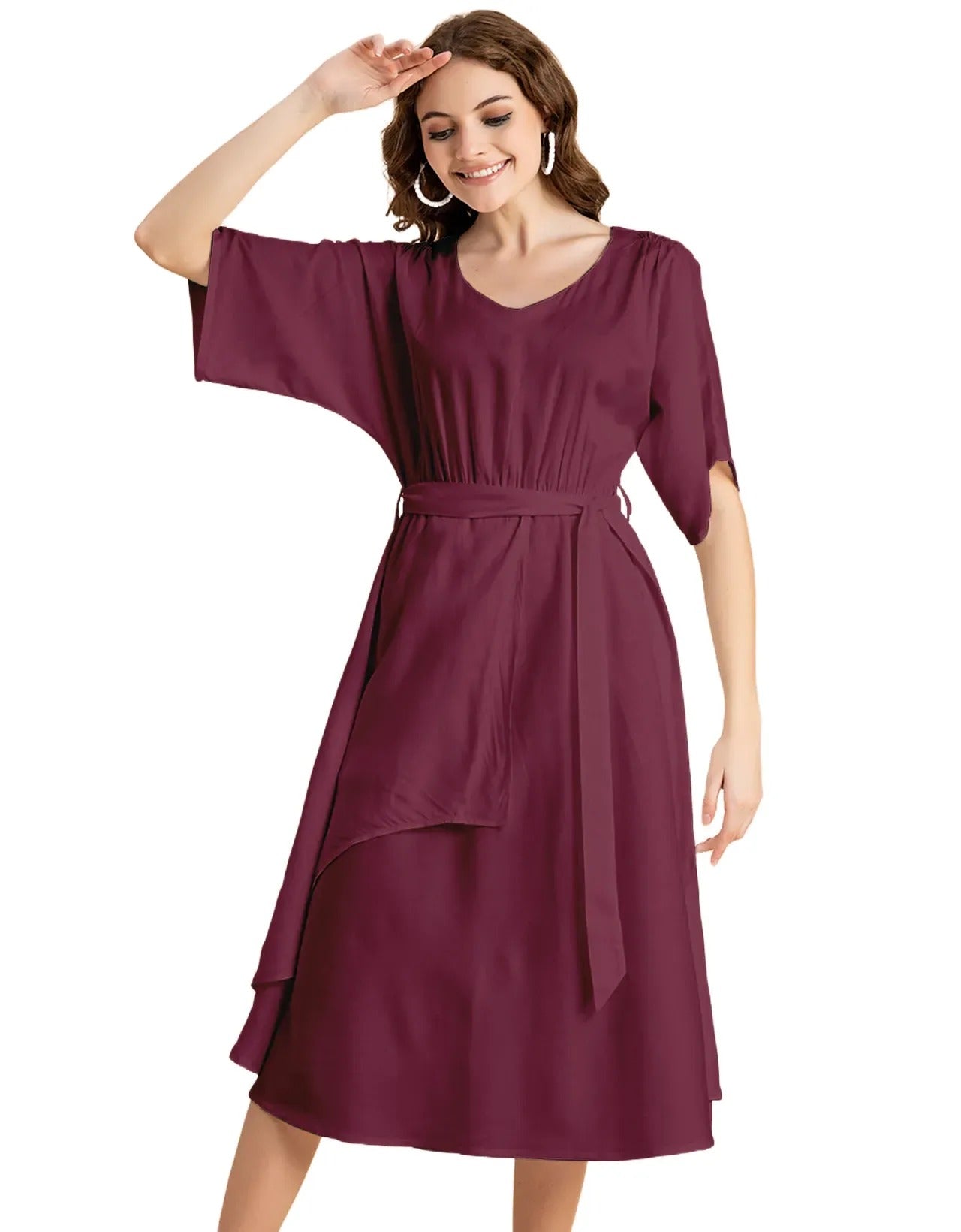 V Neck Solid Rayon Short Sleeve Maxi Dress