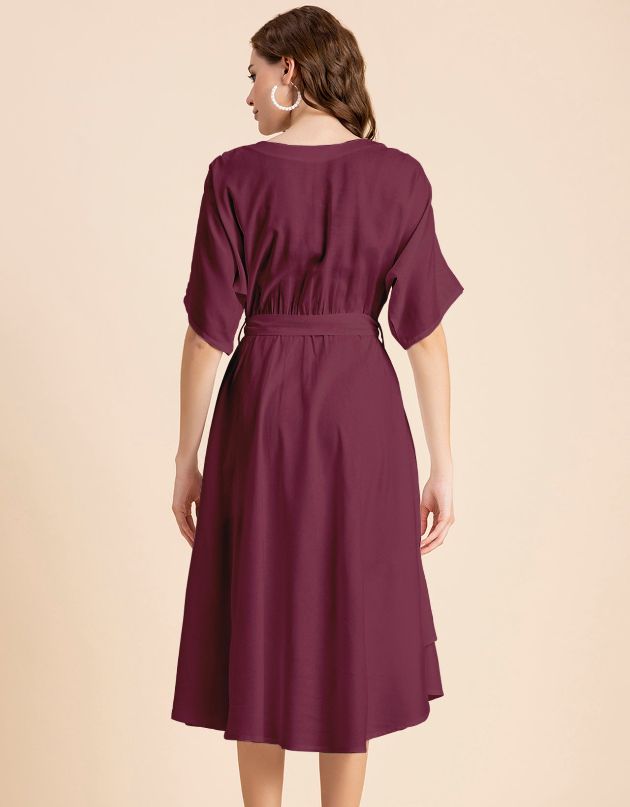 V Neck Solid Rayon Short Sleeve Maxi Dress