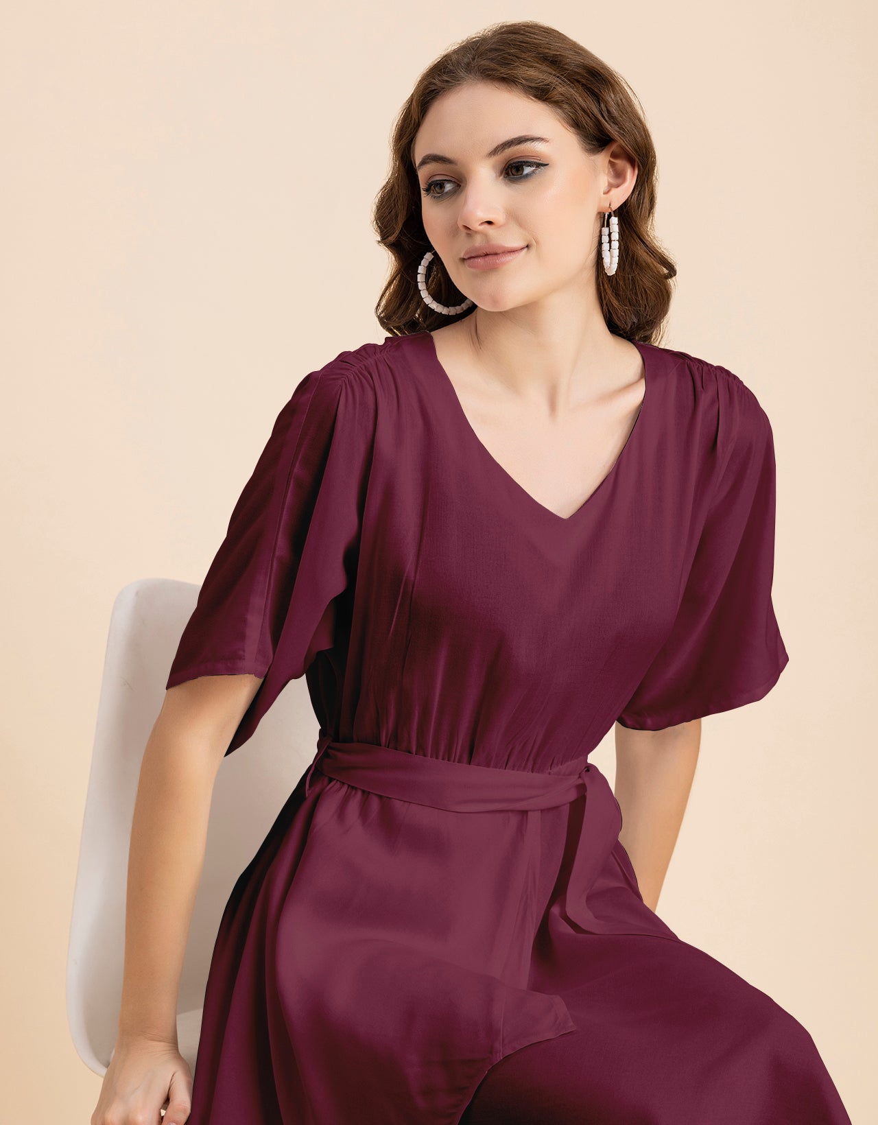 V Neck Solid Rayon Short Sleeve Maxi Dress