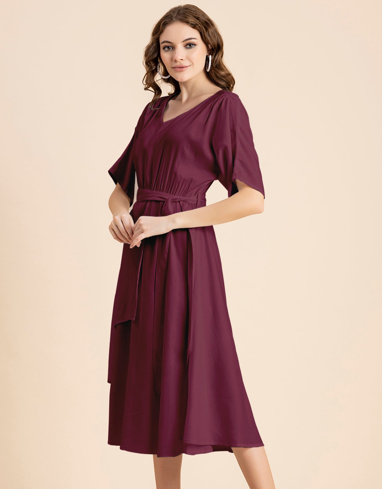 V Neck Solid Rayon Short Sleeve Maxi Dress