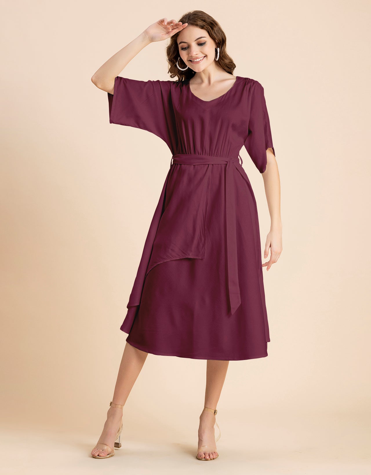 V Neck Solid Rayon Short Sleeve Maxi Dress