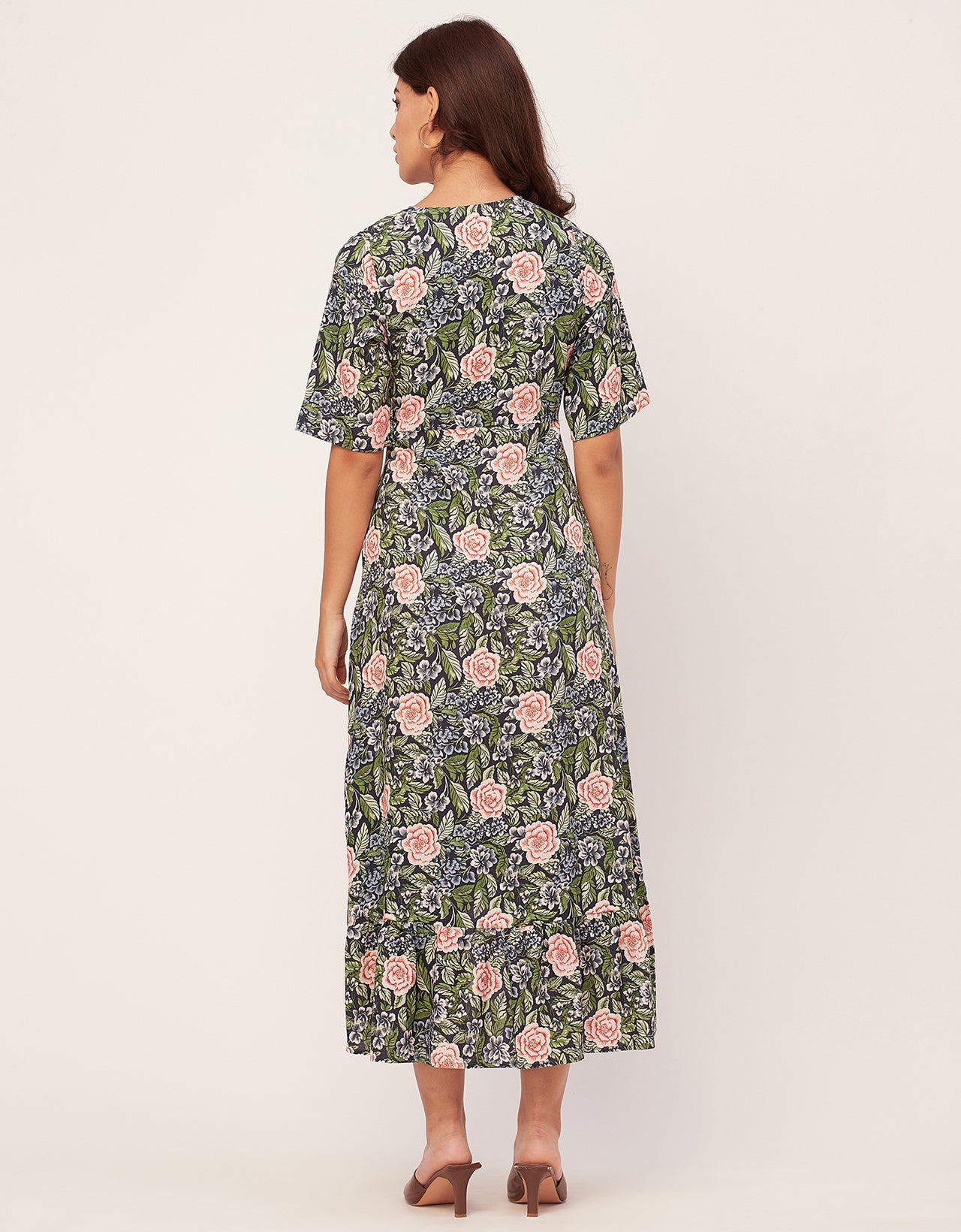 V Neck Printed Rayon quarter sleeve Wrap Dress