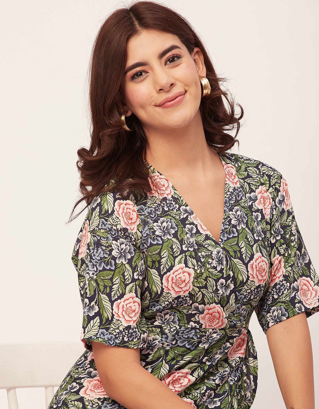 V Neck Printed Rayon quarter sleeve Wrap Dress