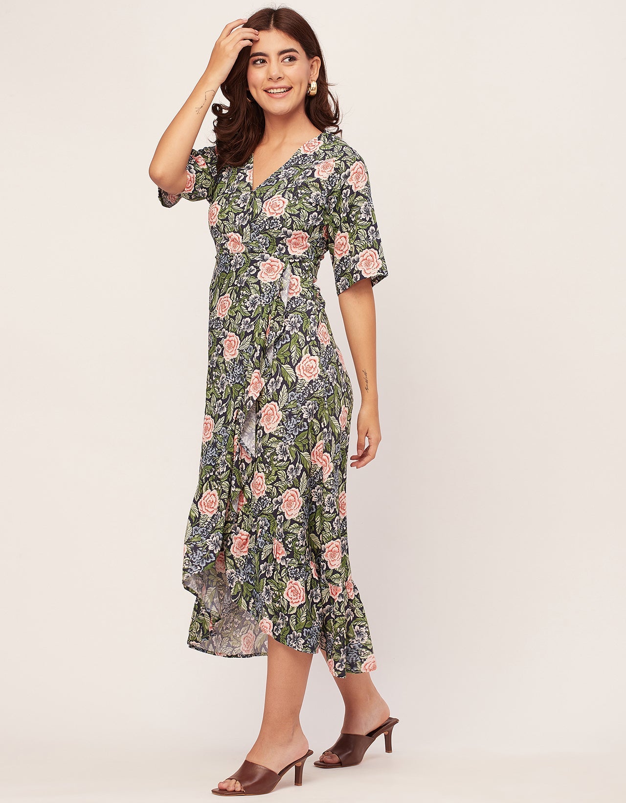 V Neck Printed Rayon quarter sleeve Wrap Dress