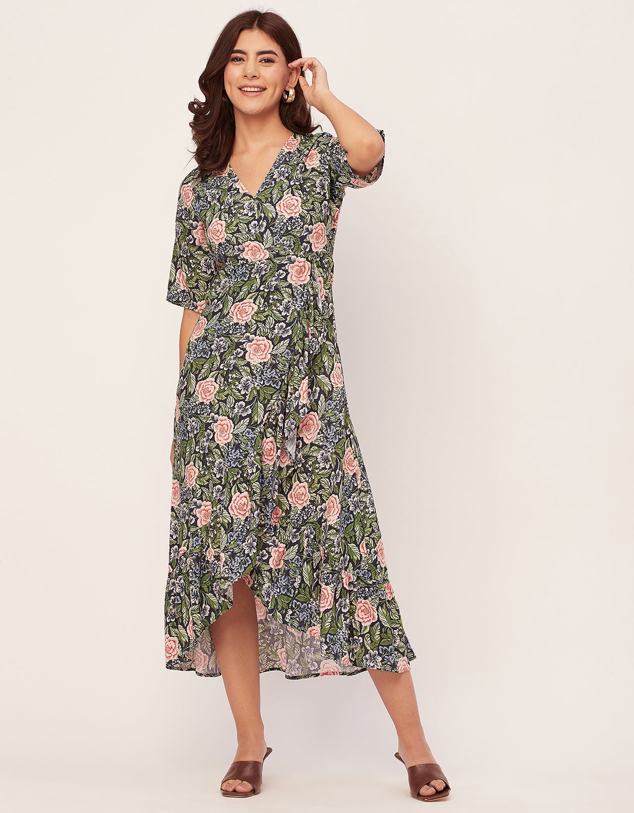 V Neck Printed Rayon quarter sleeve Wrap Dress