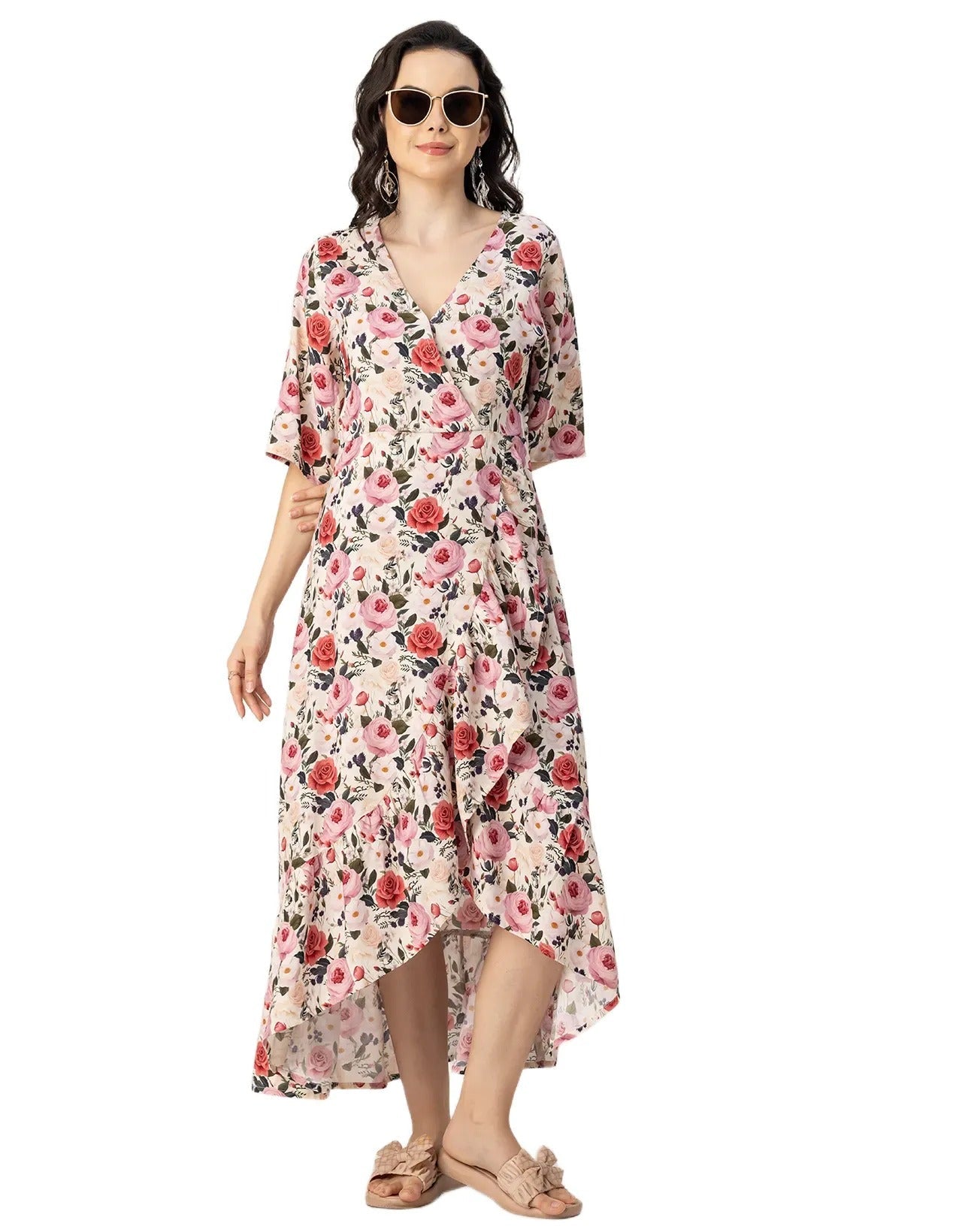 V Neck Printed Rayon quarter sleeve Wrap Dress
