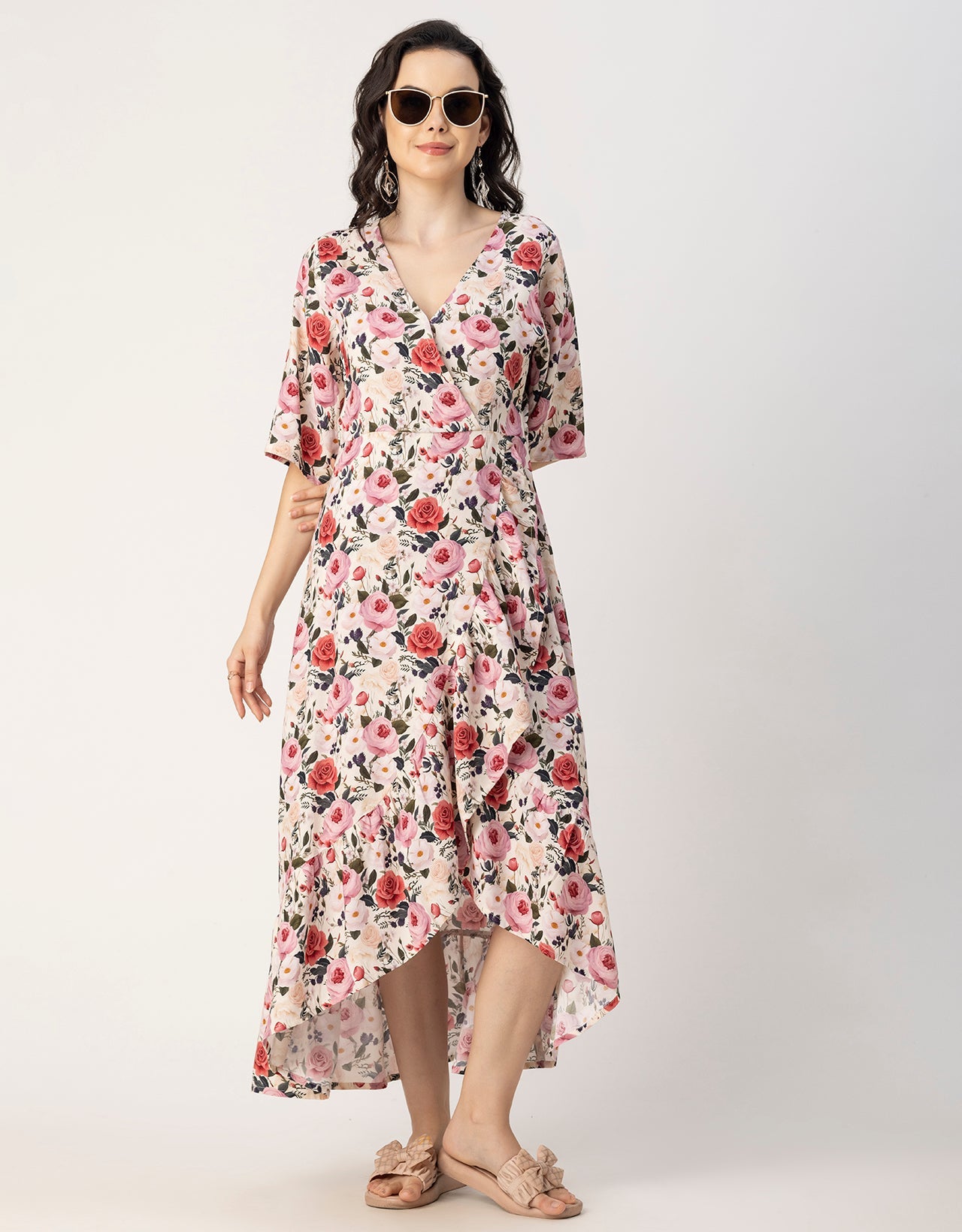 V Neck Printed Rayon quarter sleeve Wrap Dress