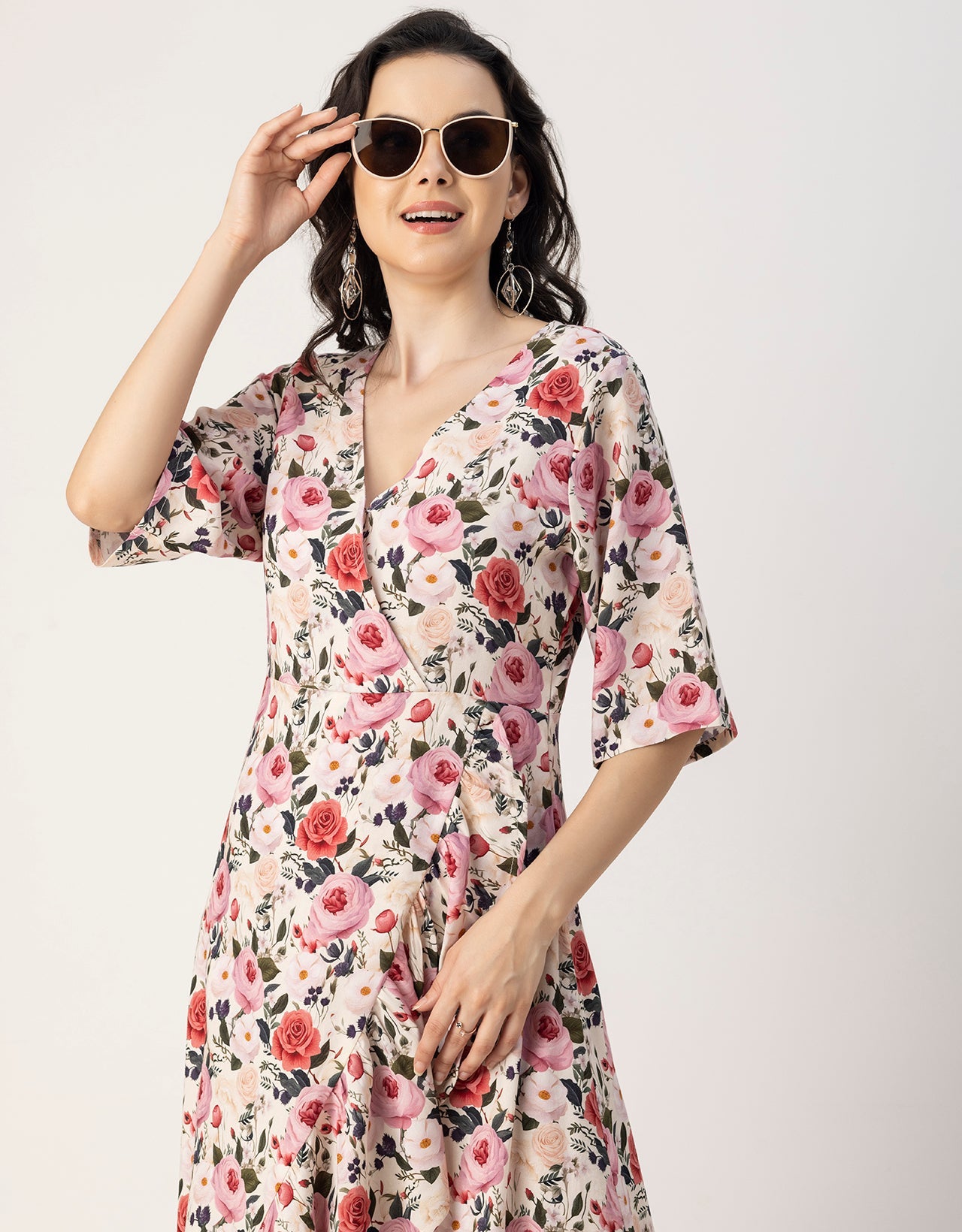 V Neck Printed Rayon quarter sleeve Wrap Dress