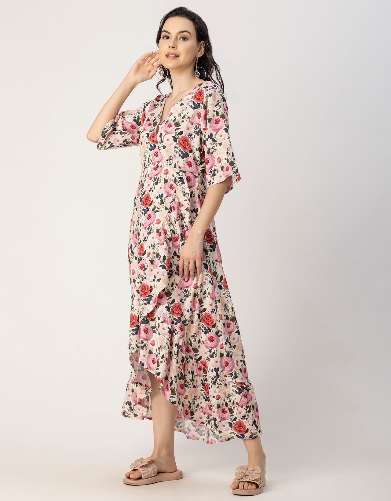 V Neck Printed Rayon quarter sleeve Wrap Dress