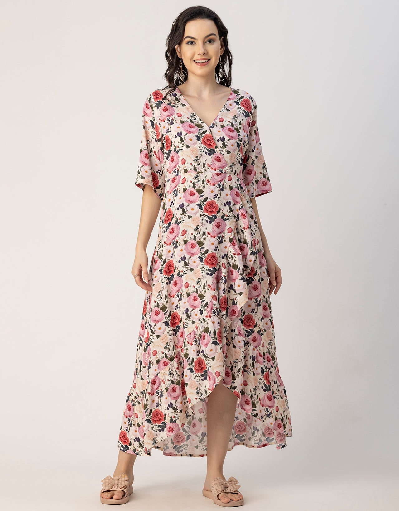 V Neck Printed Rayon quarter sleeve Wrap Dress