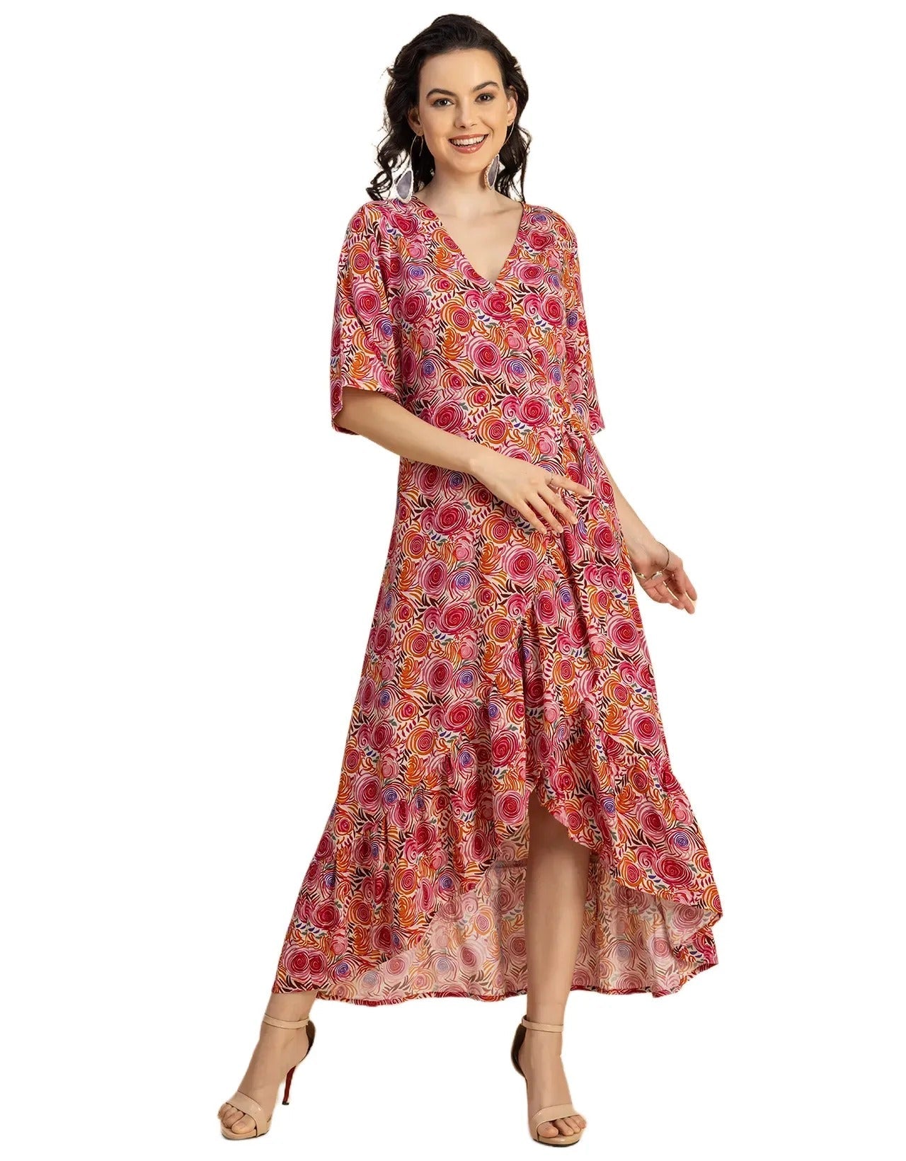 V Neck Printed Rayon quarter sleeve Wrap Dress