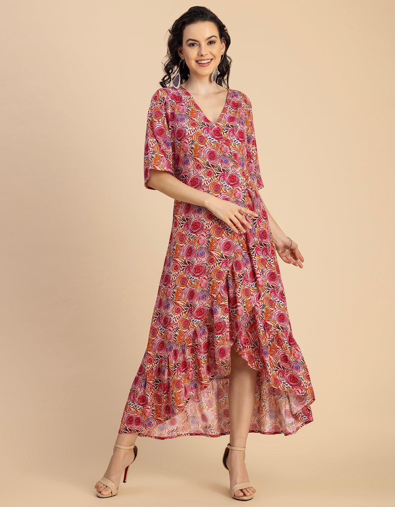 V Neck Printed Rayon quarter sleeve Wrap Dress