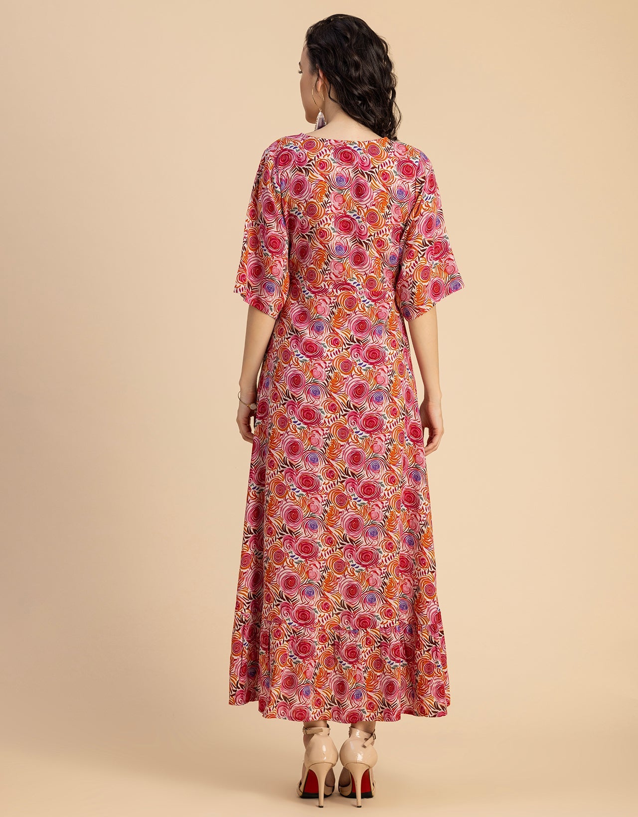 V Neck Printed Rayon quarter sleeve Wrap Dress